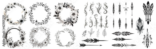 Decorative round floral frames made of blooming flowers hand drawn with contour lines on white background. Vintage laurel wreaths collection. Set of circular natural design element.