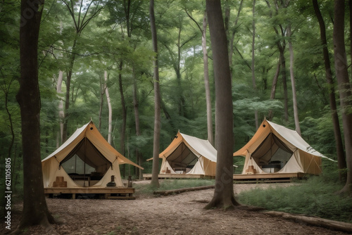 light vacation camping luxury nature travel glamping forest canvas tent. Generative AI. © SHOTPRIME STUDIO