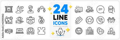 Icons set of Health eye, 5g wifi and Construction toolbox line icons pack for app with Laptop password, Loyalty star, Puzzle thin outline icon. Cyber attack, Face detect. Design with 3d stars. Vector