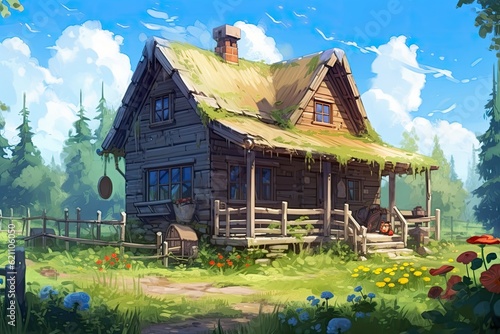 Old rural home in the midst of a forest, reminiscent of Russian childrens stories. selective focus., style, toon, and anime
