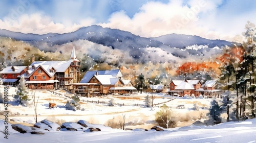 A gorgeous snow mountain with country cottages, a chalet, a mountain field or pasture, a settlement, and a wonderful day with blue sky and clouds is shown in this watercolor panorama.