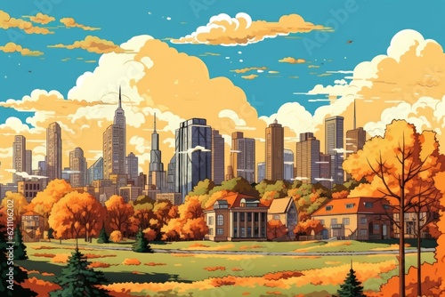 The city skyline is comprised of yellow grass, a tiled walkway, and skyscrapers painted in fall hues. Autumn cityscape, downtown residential architecture, stunning view, and cartoon illustration