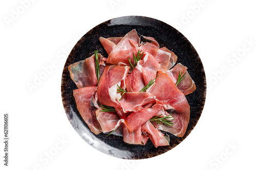 Slices of prosciutto crudo parma or jamon serrano with rosemary. High quality Isolate, transparent background