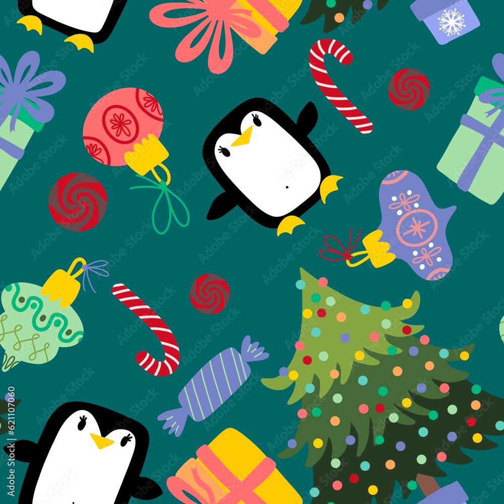 Christmas cartoon animals seamless penguin and gift box and candy pattern for wrapping paper and fabrics Christmas cartoon animals seamless penguin and gift box and candy pattern for wrapping paper and fabrics