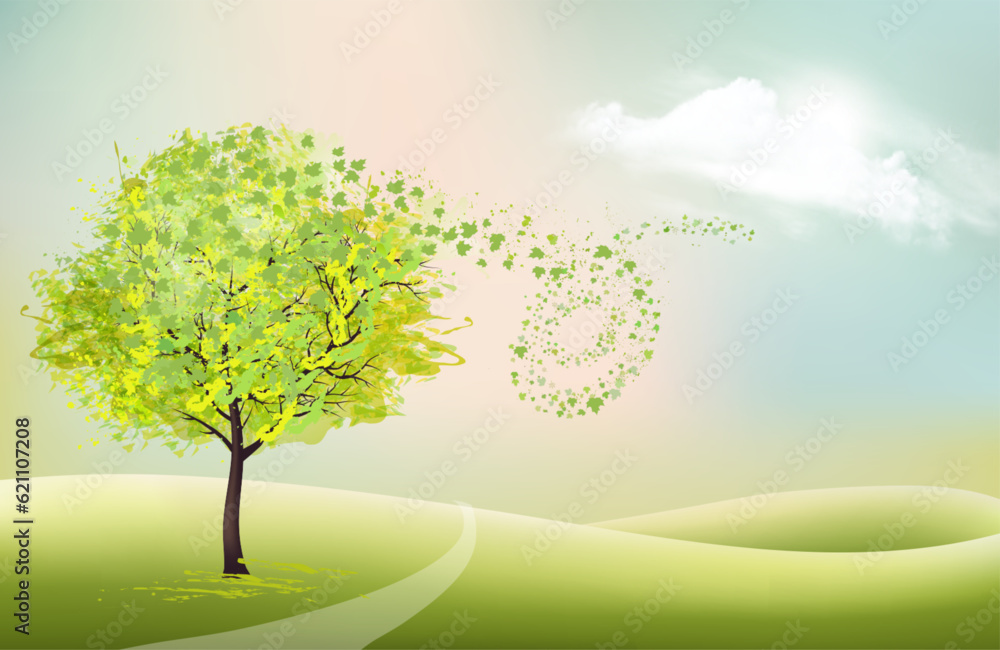 Beautiful summer nature background with a green tree and landscape. Vector. Beautiful summer nature background with a green tree and landscape. Vector.