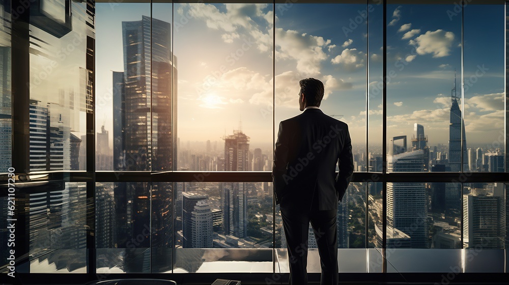 Businessman enjoying the skyscrapers through a glass window. Businessman enjoying the skyscrapers through a glass window.