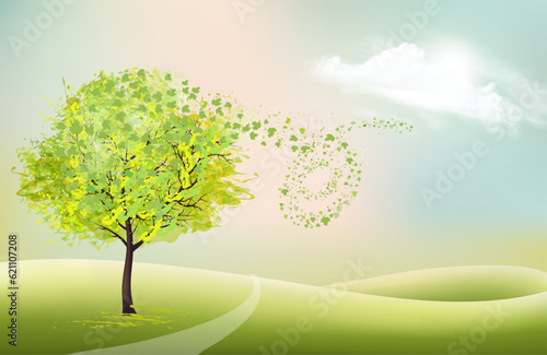 Beautiful summer nature background with a green tree and landscape. Vector.