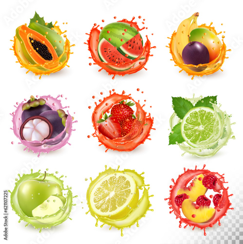 Fresh fruits juice splashing together- mango, passion flower, raspberry, mangosteen, watermelon, strawberry,  papaya, limon, apple, lime, plum, peach juice drink splashing. Vector