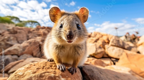 Endearing quokka rat hops among the rocky terrain, its friendly demeanor and sweet smile enchanting all who cross its path. Generative AI