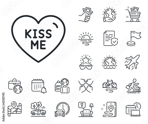 Sweet heart sign. Plane jet, travel map and baggage claim outline icons. Kiss me line icon. Valentine day love symbol. Kiss me line sign. Car rental, taxi transport icon. Place location. Vector