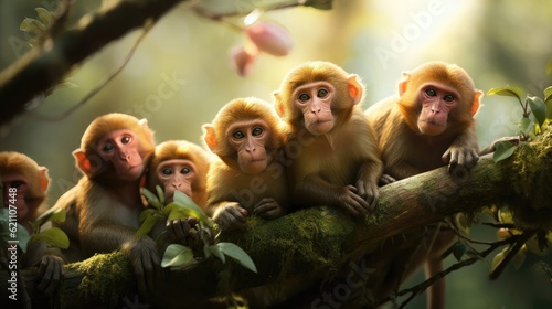 Group of lively proboscis monkeys swing through the lush rainforest, their long noses and expressive faces radiating charm and cuteness. Generative AI