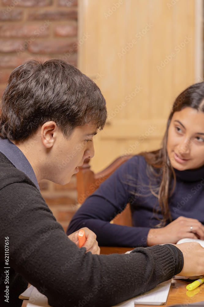 Caucasian boy studying with a latina girl for an exam. Caucasian boy studying with a latina girl for an exam.