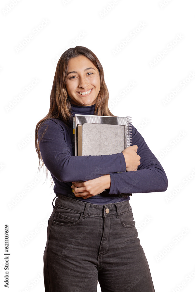 Female student with books isolated on white background. Female student with books isolated on white background.