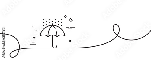 Waterproof umbrella line icon. Continuous one line with curl. Water resistant sign. Rain protection symbol. Waterproof umbrella single outline ribbon. Loop curve pattern. Vector