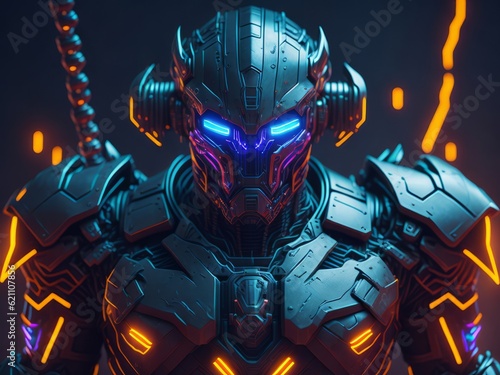 Cinematic iron robot warrior with glowing neon eyes. Generative AI 