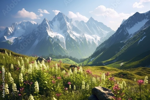 A picturesque Alps view with flowering flowers, lush, green meadows, and distant mountain peaks covered in snow photo