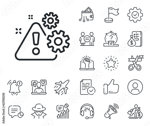 Attention triangle sign. Salaryman, gender equality and alert bell outline icons. Warning line icon. Caution alert symbol. Warning line sign. Spy or profile placeholder icon. Vector