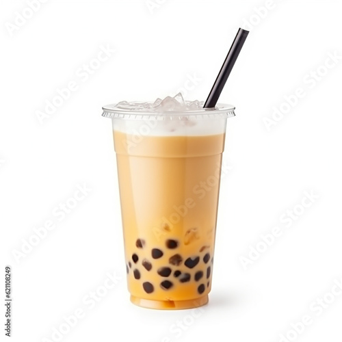 glass of bubble tea with milk and a straw isolated on white background. AI generated content
