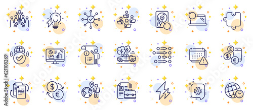 Outline set of Verified internet, Inclusion and Order line icons for web app. Include Recovery laptop, Electricity bulb, Analytics graph pictogram icons. Electricity, Bureaucracy. Vector