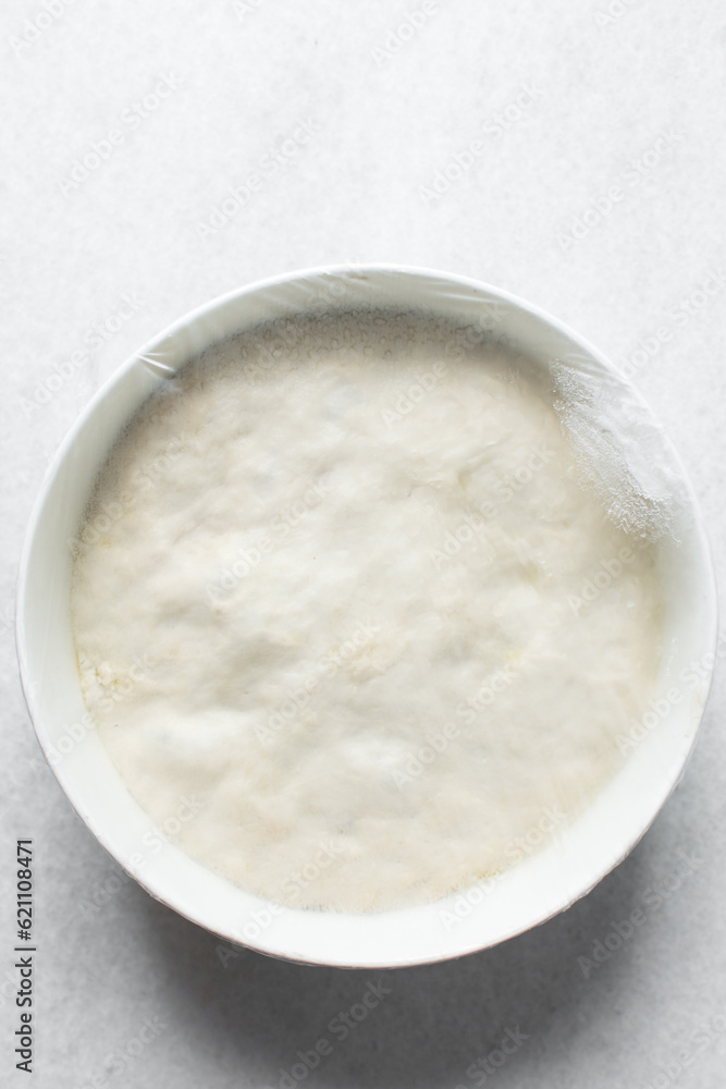 Plastic wrap covered bread dough that has doubled in size , dough that has fermented, proofed dough in a white bowl , process of making focaccia Plastic wrap covered bread dough that has doubled in size , dough that has fermented, proofed dough in a white bowl , process of making focaccia
