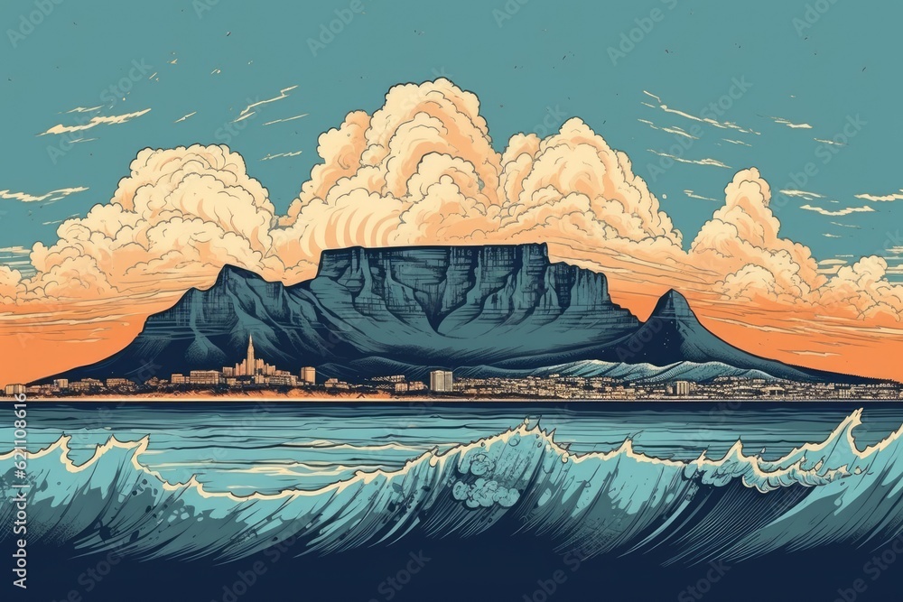 Naklejka premium vista of Table Mountain in Cape Town drawing style, hand drawn style, vintage poster illustration design, vintage surf poster design