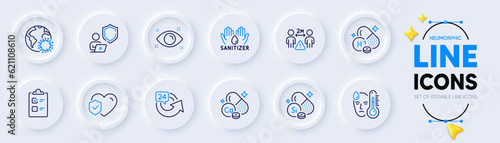 Life insurance, Coronavirus and Silicon mineral line icons for web app. Pack of Health eye, Fever, Social distance pictogram icons. Checklist, Hand sanitizer, Shield signs. Neumorphic buttons. Vector