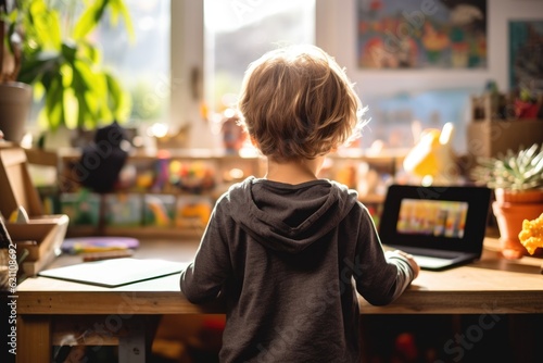 Little boy e-learning sitting in his desk