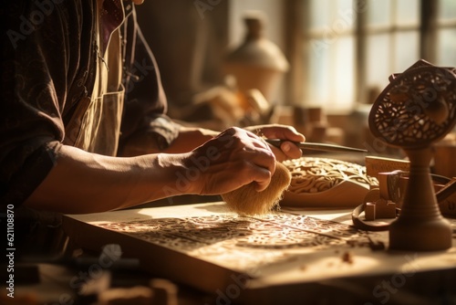 Fényképezés Master old man's hobbyist hands sculpting carving wooden figures sculptures leis