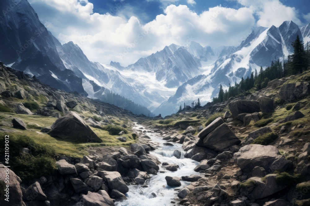serene view of majestic rocky mountains, reminiscent of the Himalayan beauty, generative AI