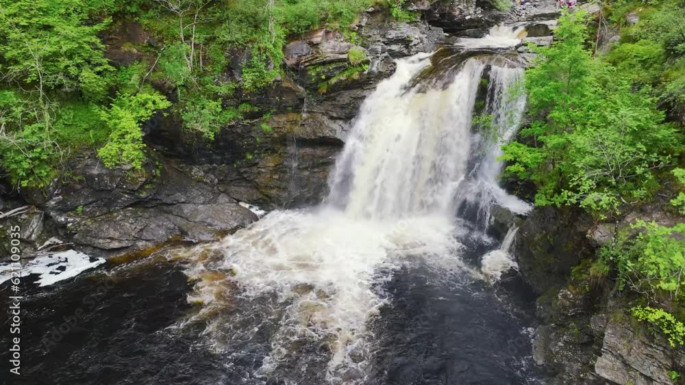 Falls of Falloch from a drone, Waterfall on River Falloch, Crianlarich, Stirling, West Highland, Scotland, UK Falls of Falloch from a drone, Waterfall on River Falloch, Crianlarich, Stirling, West Highland, Scotland, UK