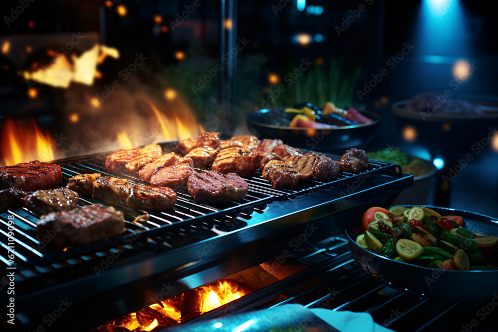 Steaks grilling on a barbecue, with a variety of vegetables, filling the air with tantalizing aromas.
