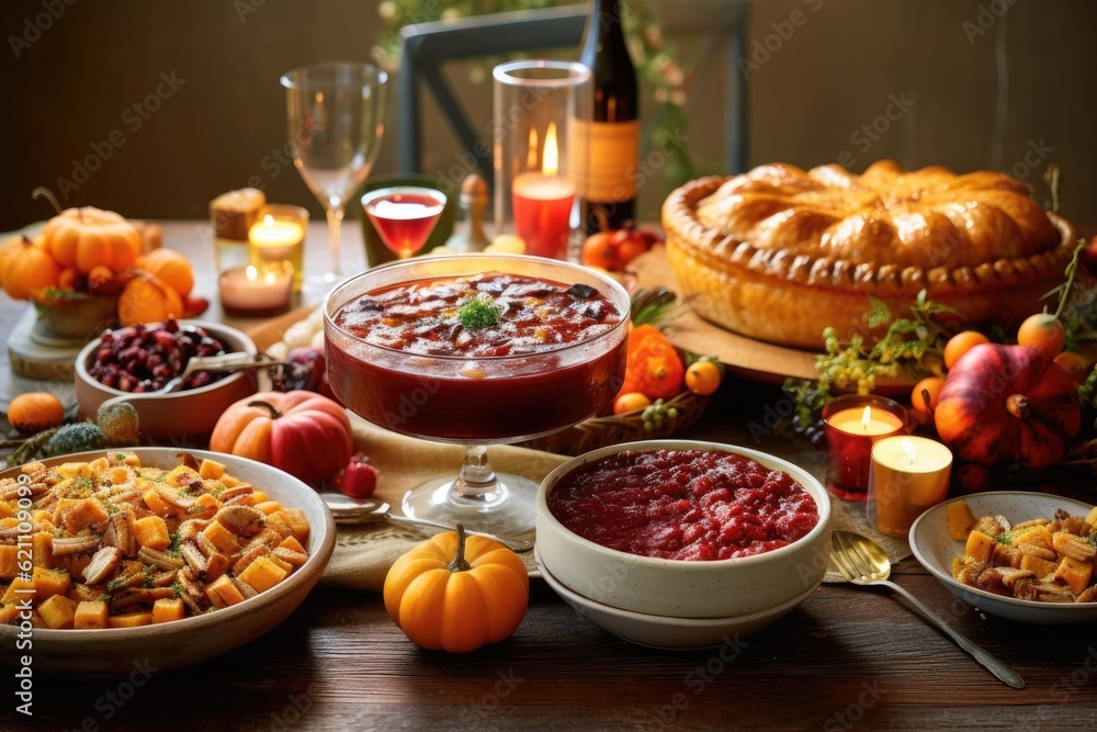 Thanksgiving supper with seasonal fruits and vegetables, wine, chicken, cranberry sauce, and pumpkin pie on a white wooden table. Inspiration for a traditional Thanksgiving meal Thanksgiving supper with seasonal fruits and vegetables, wine, chicken, cranberry sauce, and pumpkin pie on a white wooden table. Inspiration for a traditional Thanksgiving meal