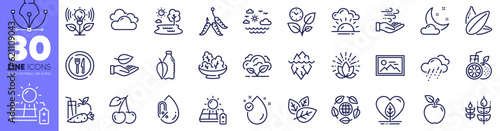 Sunflower seed, Cherry and Orange juice line icons pack. Leaf, Lake, Leaves web icon. No alcohol, Juice, Lotus pictogram. Iceberg, Vitamin e, Salad. Rainy weather, Wind energy, Photo. Vector