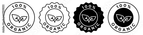 100% organic icon. All natural plant based ingredients sign symbol vector set collection for web app ui use in badge or emblem stamp style. Healthy diet food products for vegetarian round circle seal