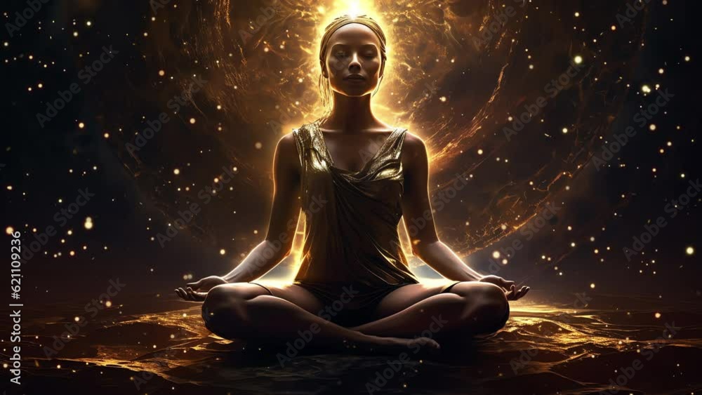 A woman practicing yoga in the lotus position. The magical environment