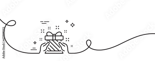 New year present line icon. Continuous one line with curl. Christmas gift box sign. Surprise symbol. Gift single outline ribbon. Loop curve pattern. Vector