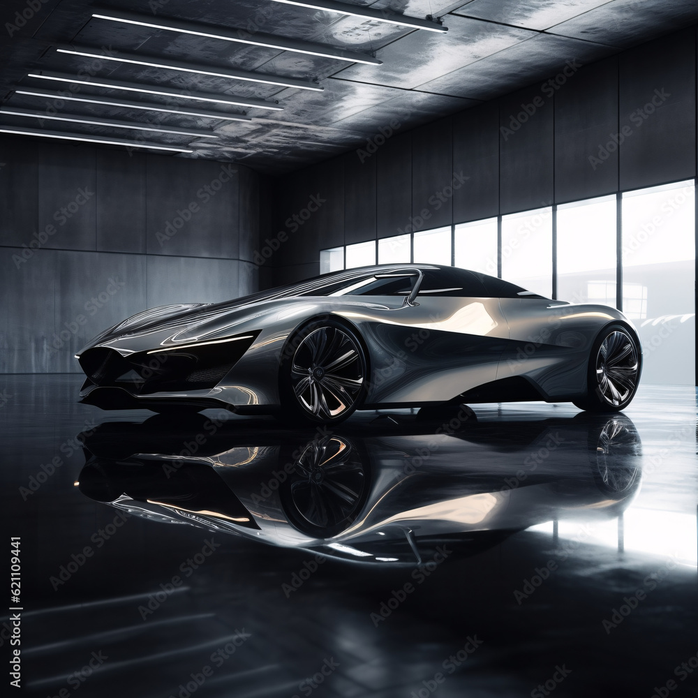 Futuristic silver car body, automotive design. High-end sports car, metallic surface shine, polished chrome finish, reflection, aerodynamic curves, essence of speed and sophistication. Generative AI.