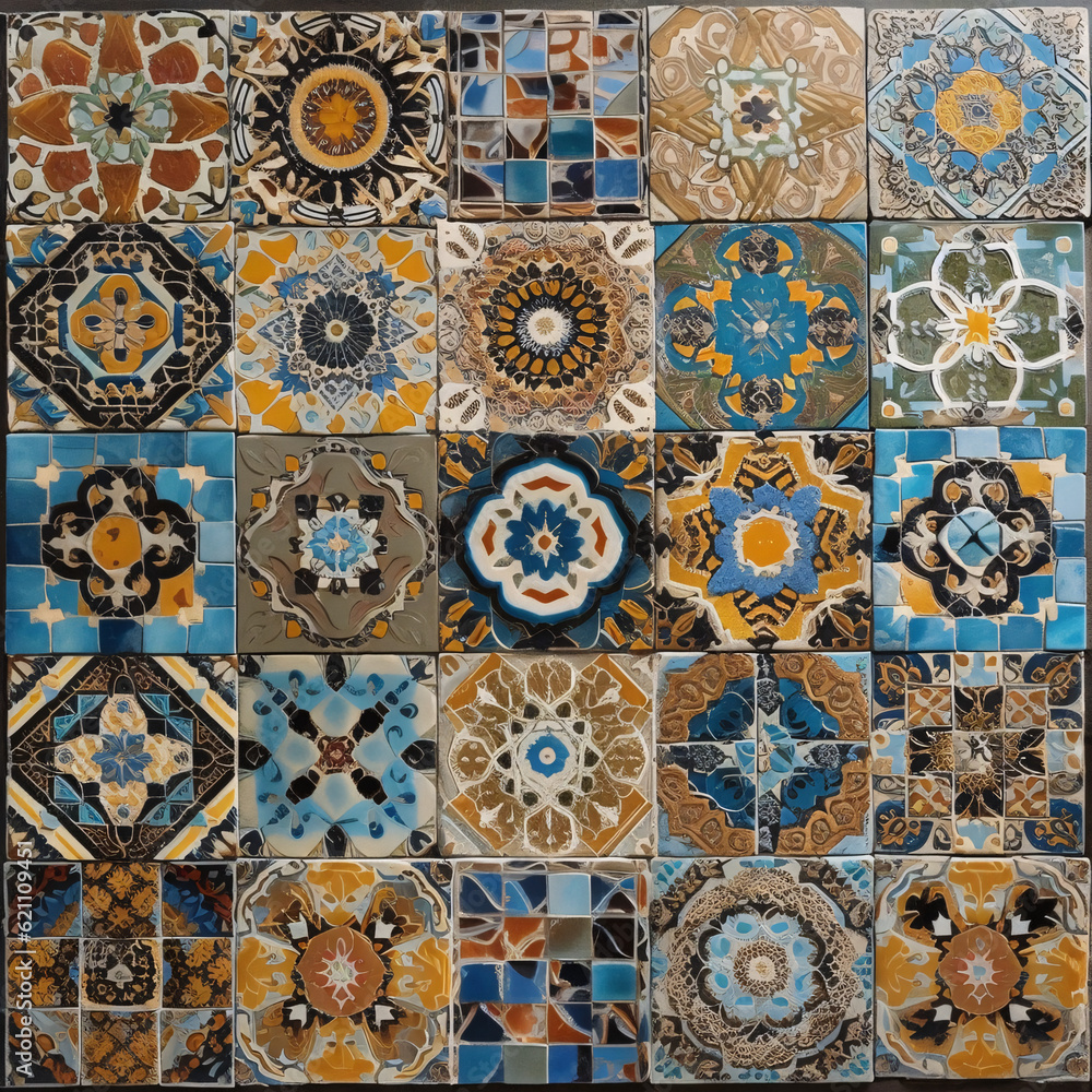 Intricate Moroccan Tilework-Inspired Mosaic Composition: A Dance of Geometric Shapes and Vibrant Colors. Generative AI. Intricate Moroccan Tilework-Inspired Mosaic Composition: A Dance of Geometric Shapes and Vibrant Colors. Generative AI.
