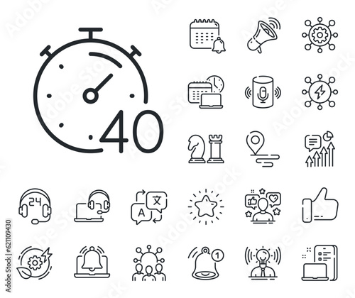 Stopwatch time sign. Place location, technology and smart speaker outline icons. Timer 40 minutes line icon. Countdown clock symbol. Timer line sign. Influencer, brand ambassador icon. Vector
