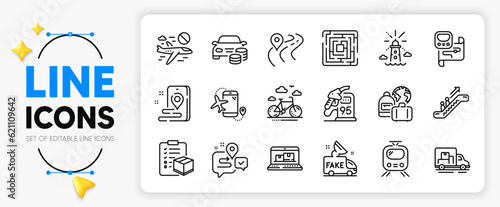 Petrol station, Buy car and Bike rental line icons set for app include Metro map, Parcel checklist, Cancel flight outline thin icon. Lighthouse, Train, Journey pictogram icon. Vector