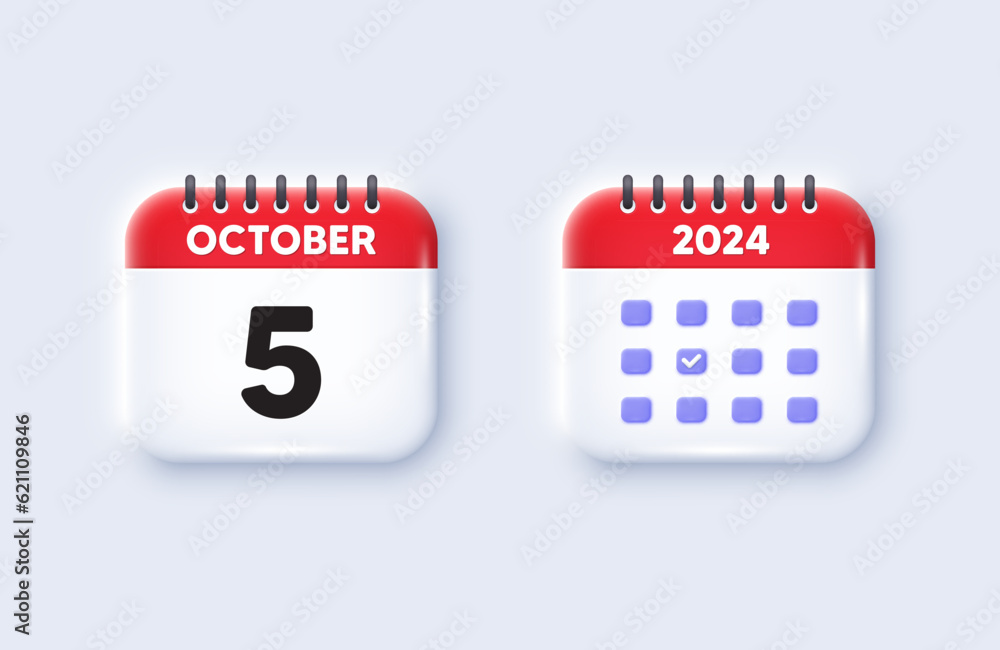Calendar date 3d icon. 5th day of the month icon. Event schedule date. Meeting appointment time. 5th day of October month. Calendar event reminder date. Vector Calendar date 3d icon. 5th day of the month icon. Event schedule date. Meeting appointment time. 5th day of October month. Calendar event reminder date. Vector