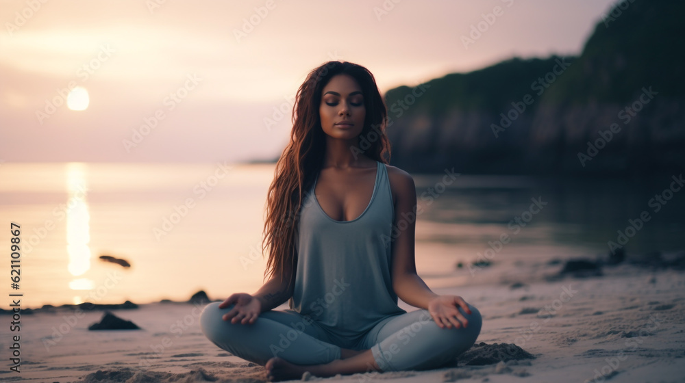 Healthy serene young woman meditating on the beach with eyes closed, relaxing body and mind sitting on sand. Mental health and meditation for no stress. AI Generated.