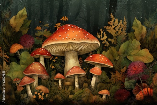 Autumnal forest mushroom composition Hand-drawn artwork of painted wood mushrooms, acorns, leaves, and grass on an anime-style background.