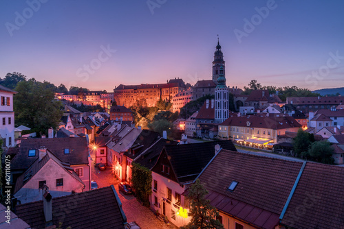 Cesky Krumlov town and castle under the night sky