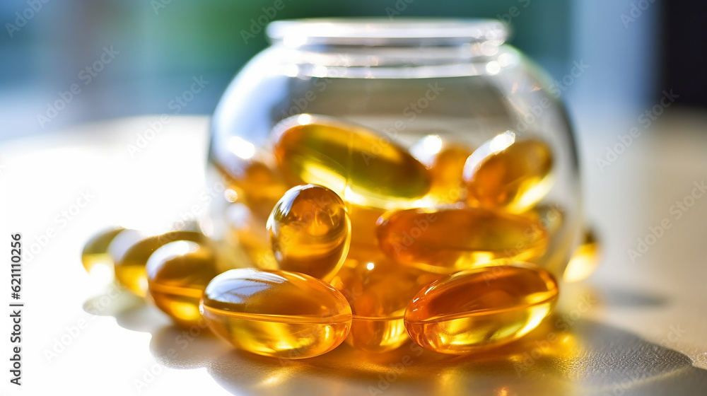 An enticing image capturing the vibrant display of Omega-3 capsules, their glossy shells reflecting light, symbolizing the potential health and wellness they hold. Generative AI An enticing image capturing the vibrant display of Omega-3 capsules, their glossy shells reflecting light, symbolizing the potential health and wellness they hold. Generative AI