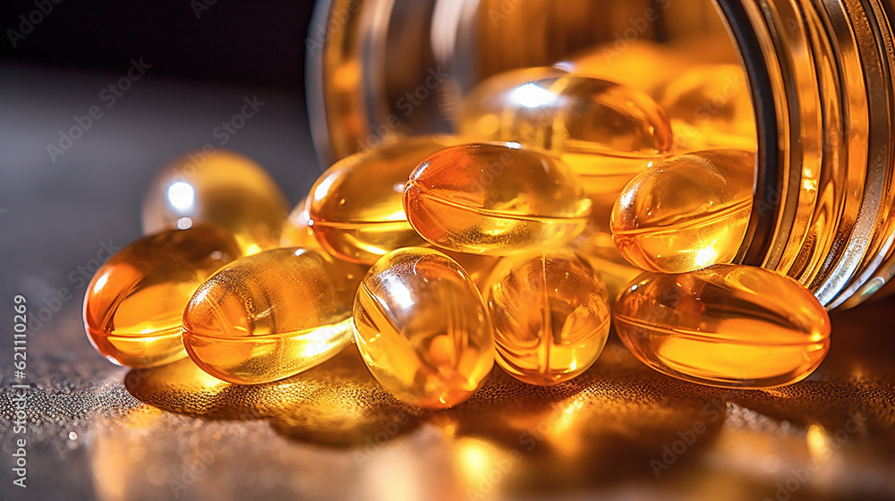 An enticing image capturing the vibrant display of Omega-3 capsules, their glossy shells reflecting light, symbolizing the potential health and wellness they hold. Generative AI An enticing image capturing the vibrant display of Omega-3 capsules, their glossy shells reflecting light, symbolizing the potential health and wellness they hold. Generative AI
