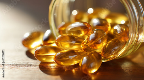 An enticing image capturing the vibrant display of Omega-3 capsules, their glossy shells reflecting light, symbolizing the potential health and wellness they hold. Generative AI