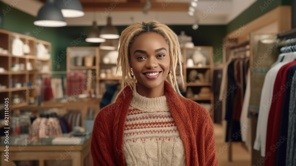 young adult woman with dyed blonde hair, turtleneck sweater and wool jacket, in a clothing store, customer buys clothes, fictional location young adult woman with dyed blonde hair, turtleneck sweater and wool jacket, in a clothing store, customer buys clothes, fictional location