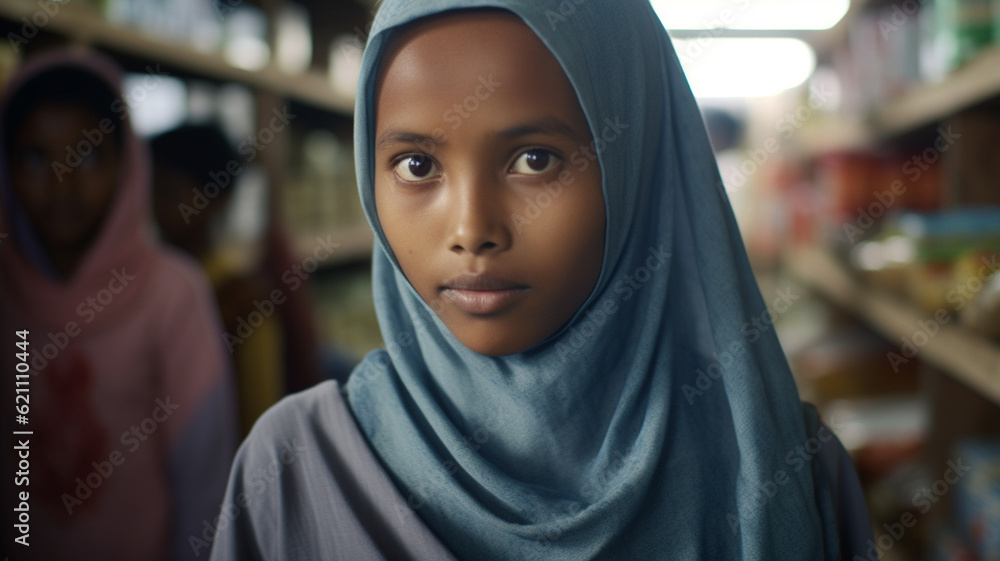 young adult woman with hijab headscarf or Al-Amira, tanned skin multi-ethnic, in a housewares store young adult woman with hijab headscarf or Al-Amira, tanned skin multi-ethnic, in a housewares store