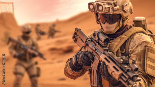 Soldiers in desert-like landscape, sandy, special unit or army, armed with machine gun, helmet and bulletproof vest, combat gear, or special unit, uniform in camouflage colors